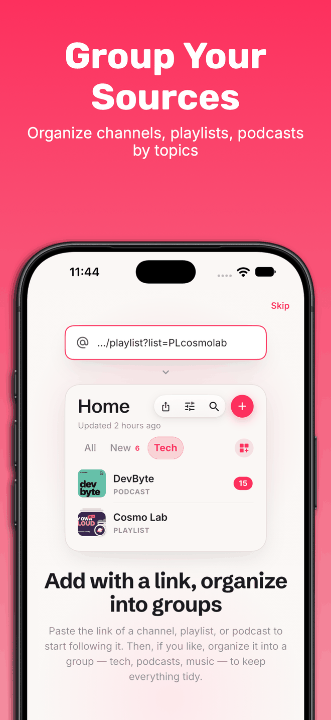 Il link di una playlist YouTube incollato in Streamscription, con la sorgente che ne risulta archiviata nel gruppo Tech accanto al podcast DevByte.