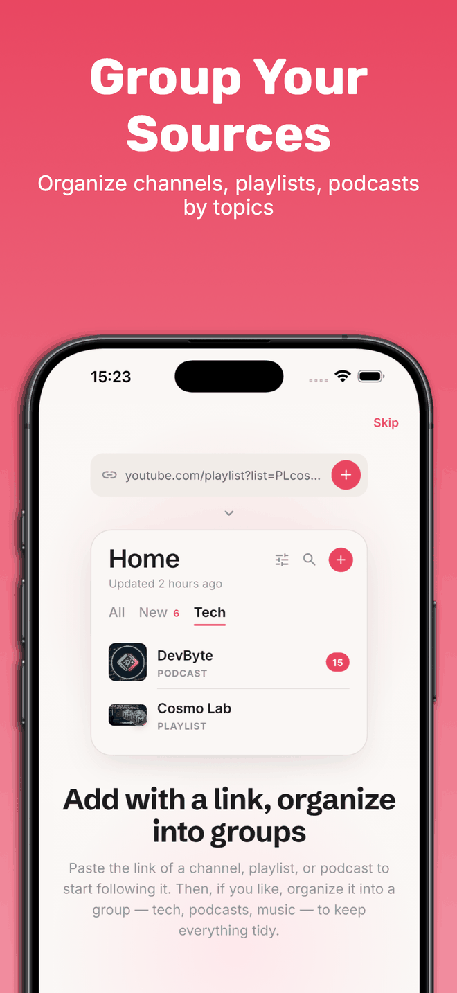 Il link di una playlist YouTube incollato in Streamscription, con la sorgente che ne risulta archiviata nel gruppo Tech accanto al podcast DevByte.
