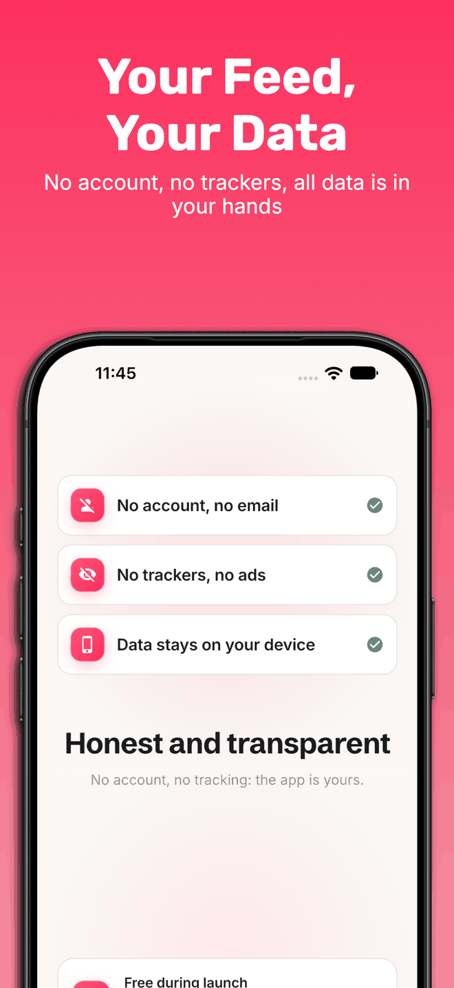 La schermata sui dati di Streamscription conferma tre punti con una spunta verde: nessun account e nessuna email, nessun tracker e nessuna pubblicità, dati che restano sul dispositivo.