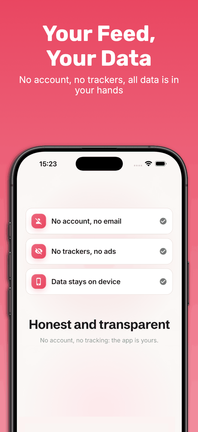 La schermata sui dati di Streamscription conferma tre punti con una spunta verde: nessun account e nessuna email, nessun tracker e nessuna pubblicità, dati che restano sul dispositivo.